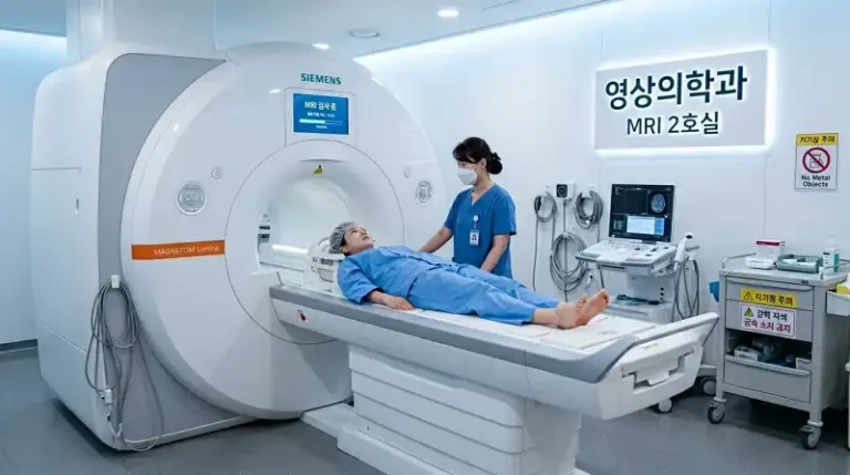 'MRI 검사 중' 화면 + '영상의학과' 표지판이 보이는 MRI 촬영실 장면
