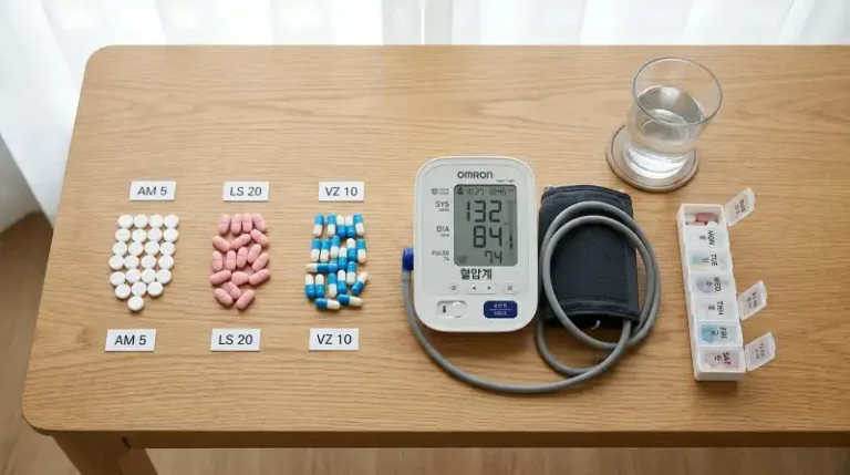 고혈압 약물들과 디지털 혈압계가 정돈된 플랫레이 실사 사진