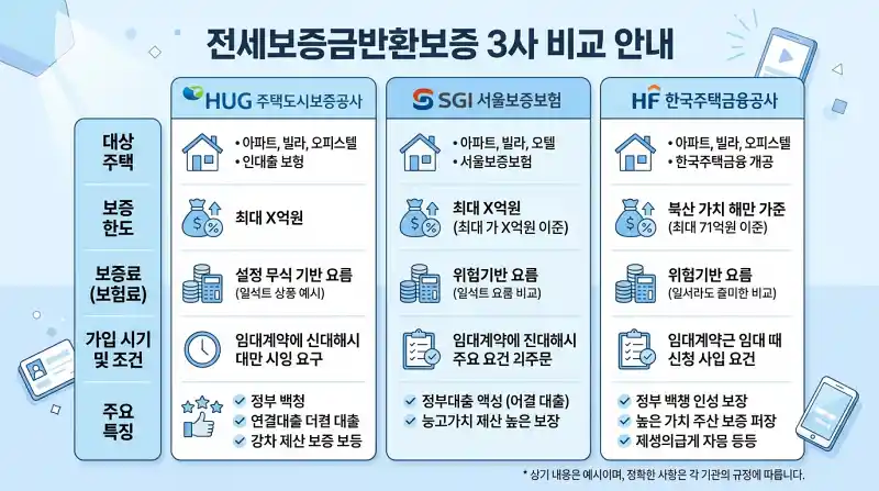 'HUG 주택도시보증공사', 'SGI 서울보증보험', 'HF 한국주택금융공사' 3개 보증보험사 비교 인포그래픽
