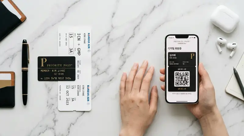 Priority Pass 실물 카드와 디지털 앱 비교 플랫레이