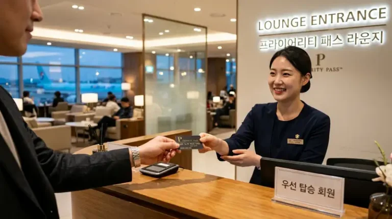 공항 라운지 입구에서 Priority Pass 카드를 제시하는 장면