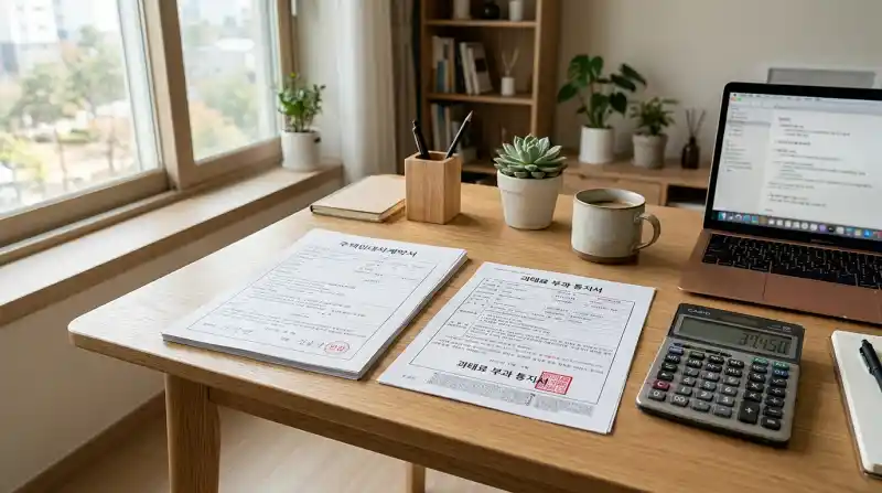 깔끔하고 현대적인 한국식 책상 위에 3개의 중요한 서류