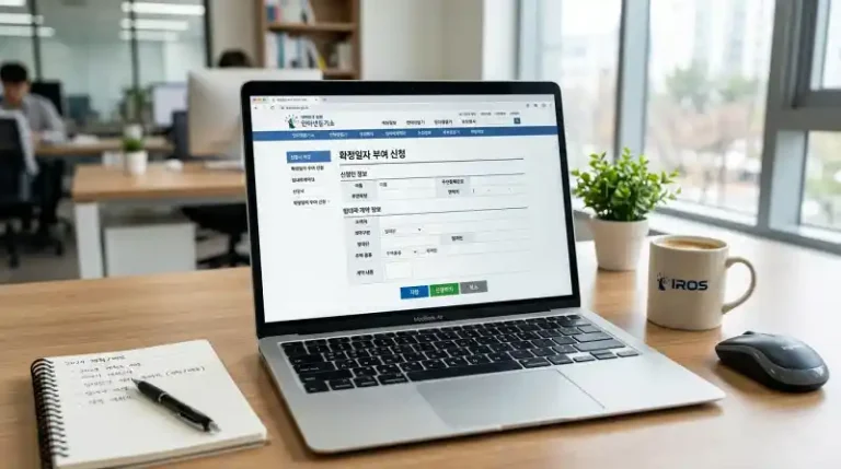 노트북 화면에 표시된 iros.go.kr 정부 사이트의 확정일자 신청 양식