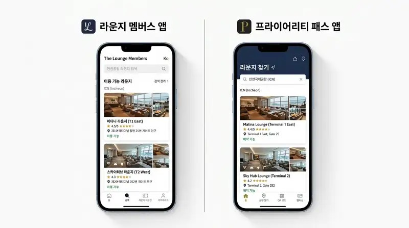 라운지 멤버스 앱 vs Priority Pass 앱 비교 화면