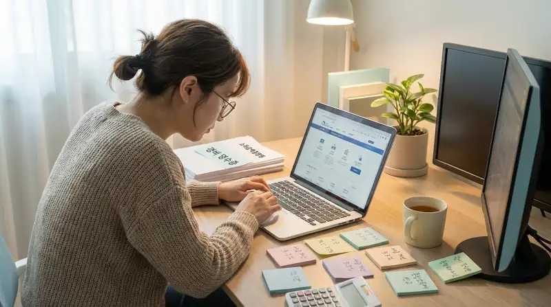 서류를 정리하며 홈택스 신고 화면을 집중해서 보는 프리랜서
