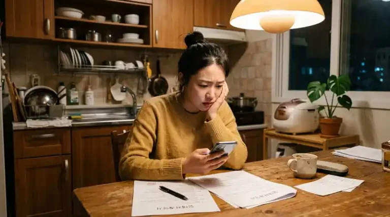 부엌 테이블에 앉아 스마트폰과 '임대차계약서' 문서를 걱정스럽게 바라보는 한국인 세입자