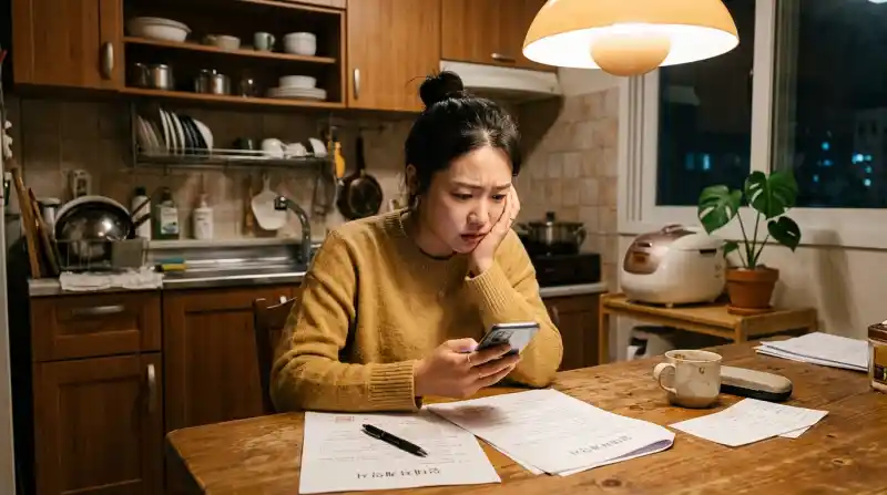 부엌 테이블에 앉아 스마트폰과 '임대차계약서' 문서를 걱정스럽게 바라보는 한국인 세입자