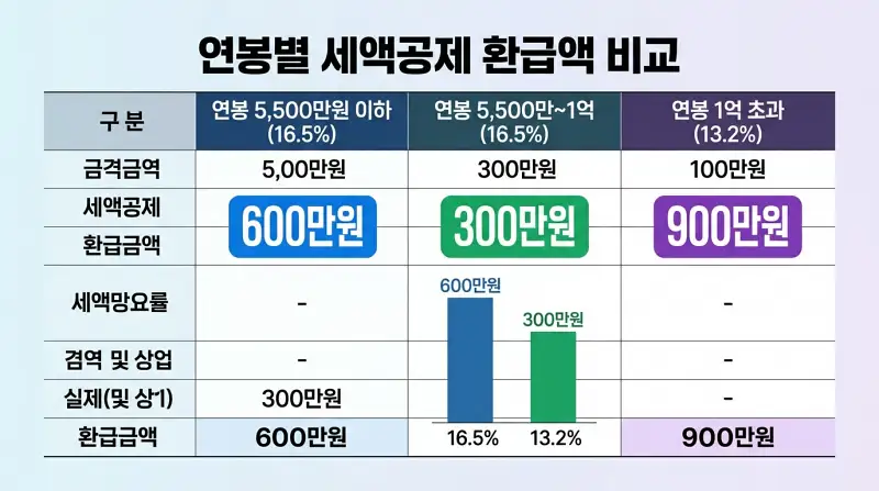 연봉별 세액공제 환급액 비교 테이블