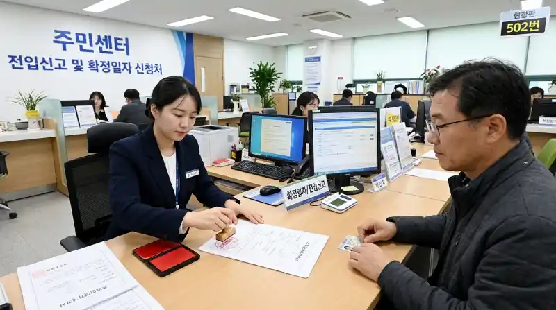 '주민센터' 창구에서 임대차계약서에 '확정일자' 도장을 받는 장면