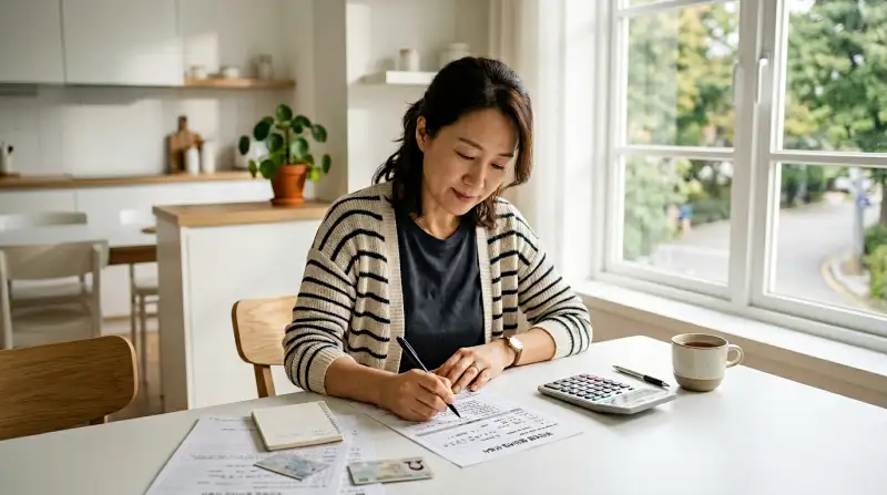 주부의 국민연금 신청서 작성 장면