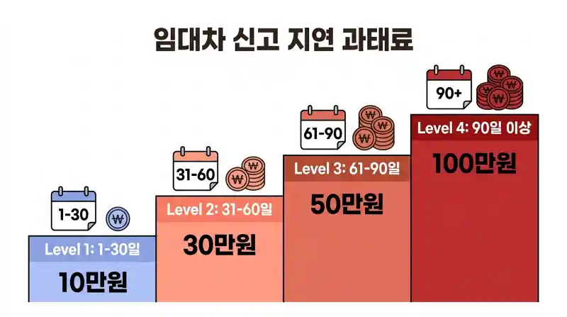한국 임대차 신고 지연 시 부과되는 과태료를 단계별로 보여주는 인포그래픽이에요.