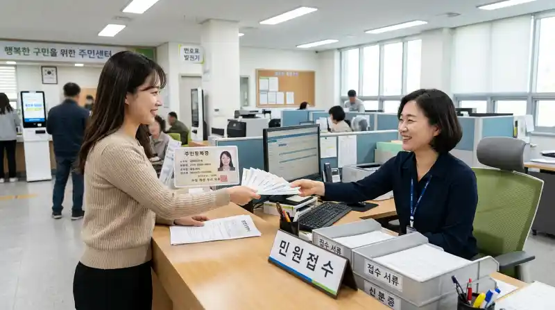 한국 주민센터 접수창구에서 서류를 제출하는 사실적인 장면