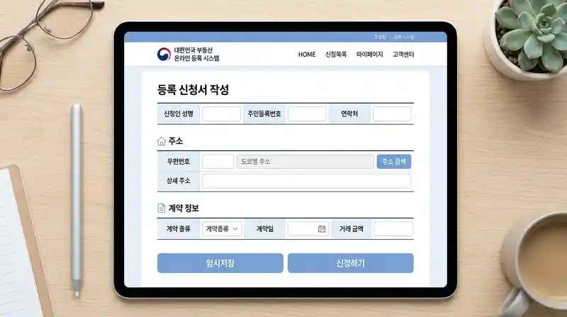 한글로 된 주소 및 계약 정보 입력 필드가 있는 온라인 등록 시스템 폼