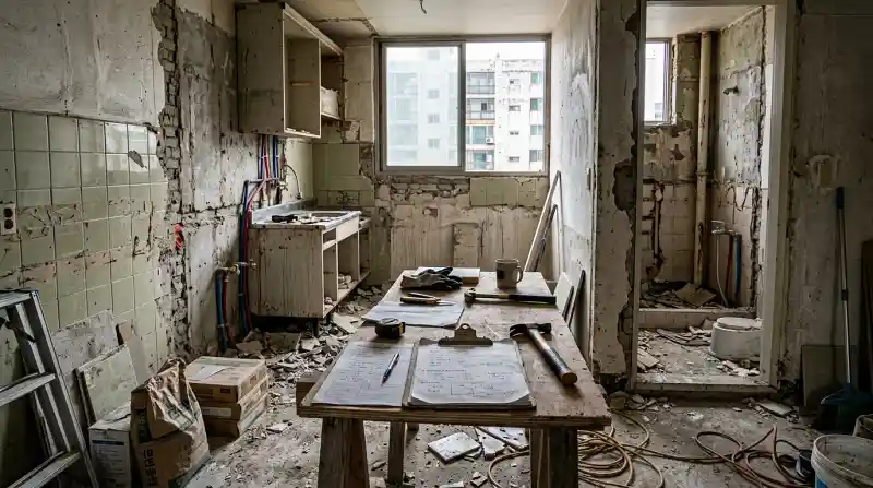 해체 중인 주방과 욕실