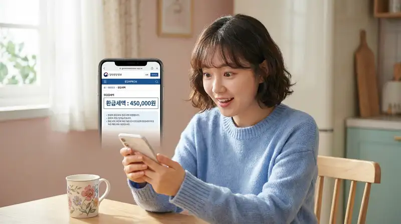 환급세액 45만원을 확인하고 놀라며 기뻐하는 표정
