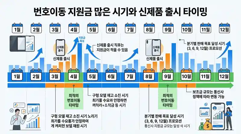 번호이동 지원금 많은 시기와 신제품 출시 후 구형폰 재고 소진 전략