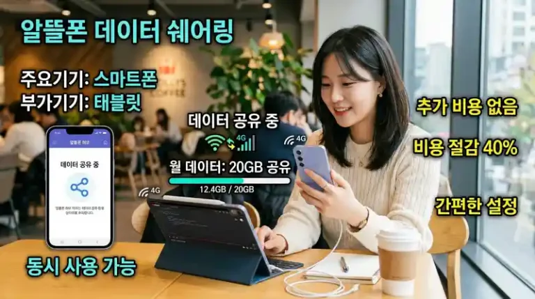알뜰폰 데이터쉐어링으로 스마트폰과 태블릿을 함께 사용하는 장면