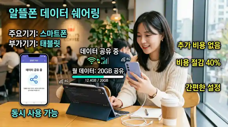 알뜰폰 데이터쉐어링으로 스마트폰과 태블릿을 함께 사용하는 장면