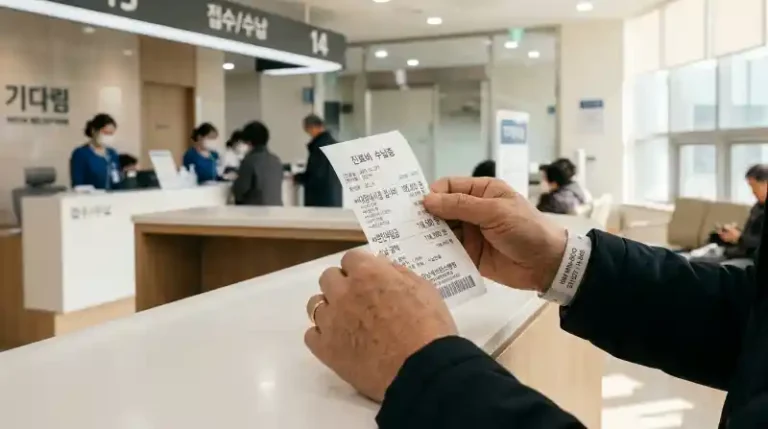 진료비 수납증 받는 환자 손 클로즈업