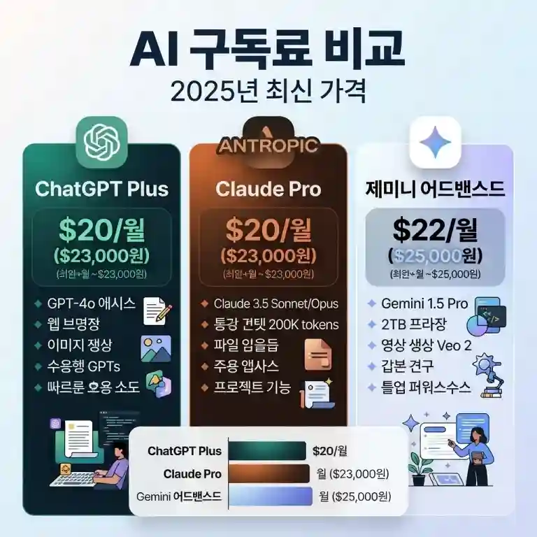 챗GPT Plus Claude Pro 제미니 구독료 비교