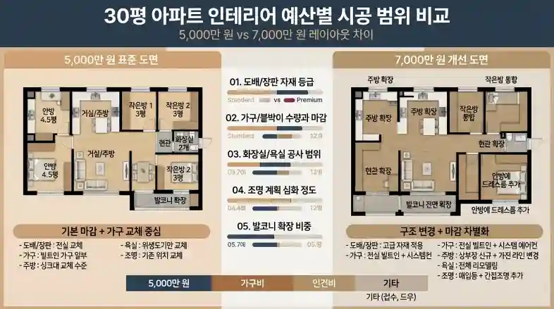 30평 아파트 인테리어 구조 비교 및 예산 구간별 시공 범위