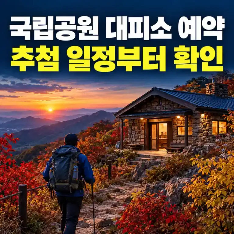 국립공원 대피소 예약 후 가을 단풍이 든 능선 위 산장에 도착한 등산객