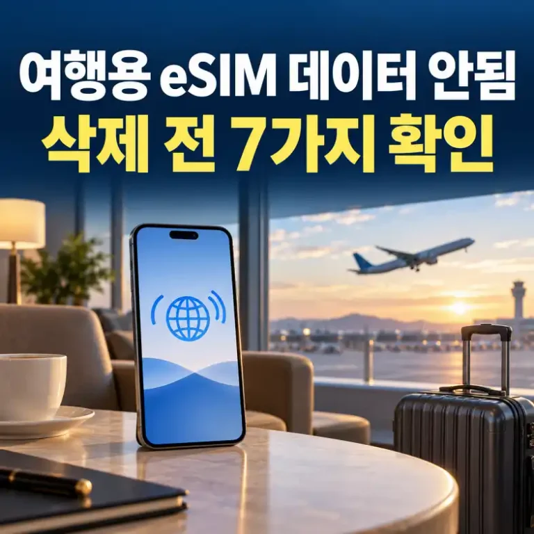여행용 eSIM 데이터 연결 점검을 표현한 공항의 스마트폰과 여행가방
