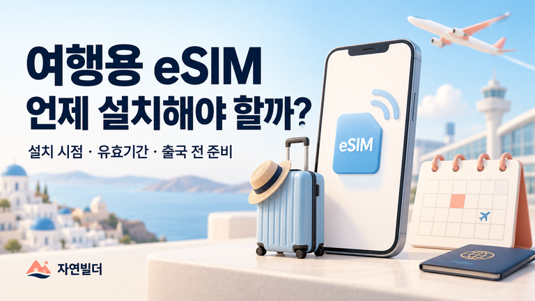 여행용 eSIM 설치 시점과 유효기간을 확인하는 스마트폰·여행가방·달력 이미지