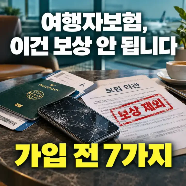 해외여행자보험 보상 제외 사례를 확인하기 위해 공항에서 여권과 파손된 스마트폰, 보험 약관을 놓고 점검하는 모습
