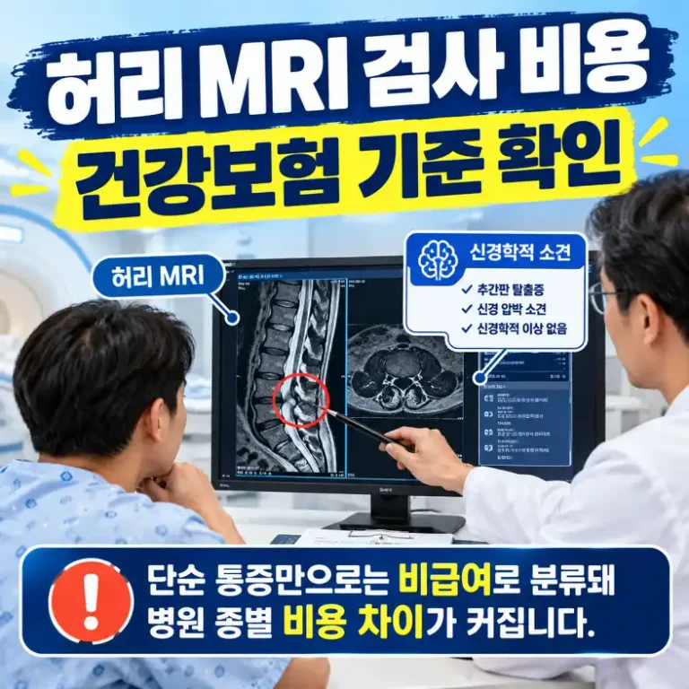 허리 MRI 검사 결과를 신경학적 소견과 함께 확인하는 모습