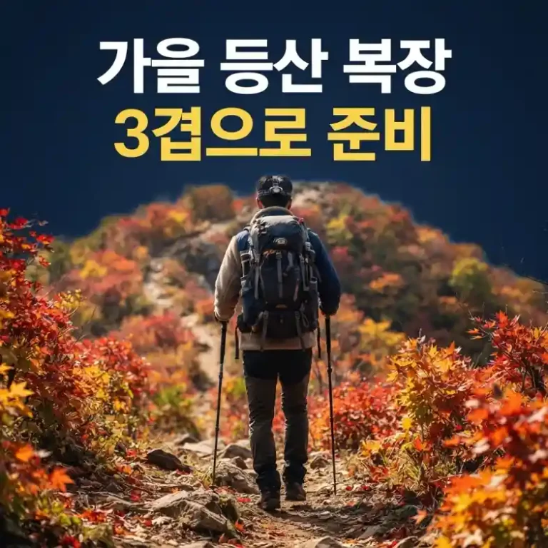 가을 등산 복장을 레이어링으로 갖춰 입고 단풍 능선을 오르는 등산객의 뒷모습