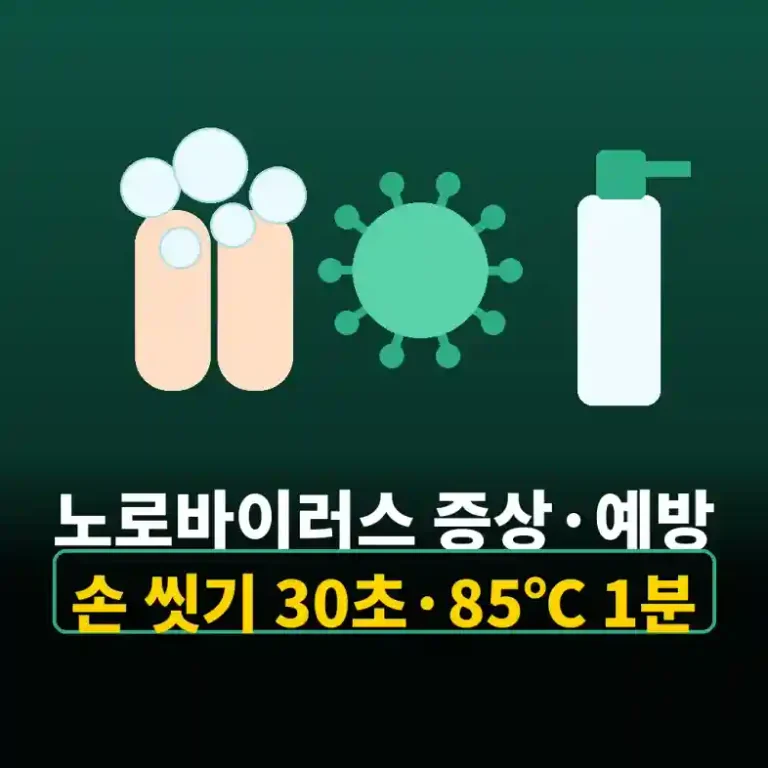 비누 거품 손 씻기 아이콘과 바이러스 입자, 소독 스프레이가 있는 노로바이러스 예방 일러스트