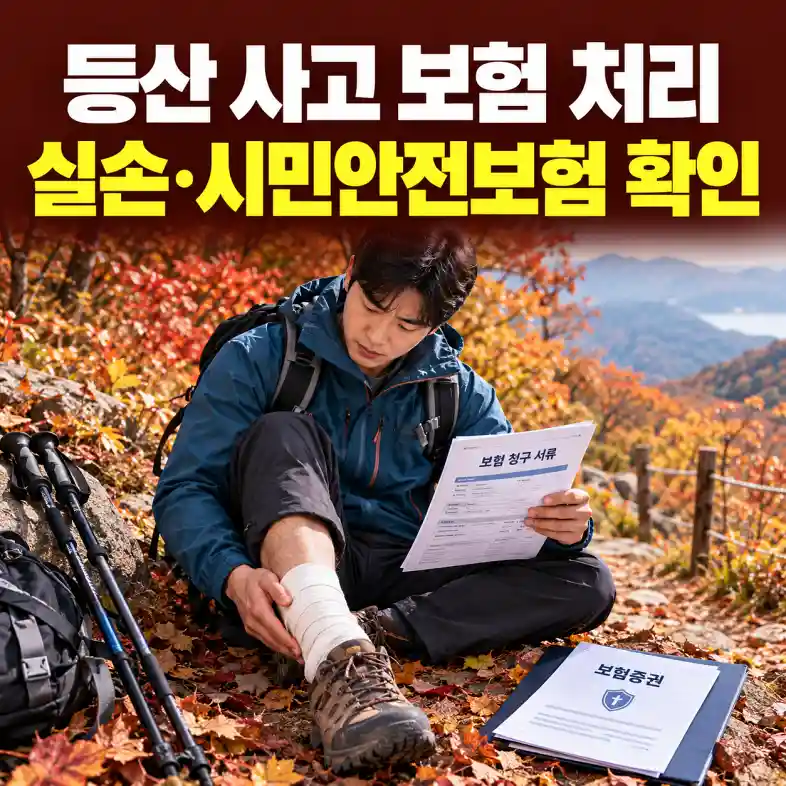 등산 사고 보험 처리를 위해 가을 등산로에서 다친 발목을 살피며 보험 청구 서류를 확인하는 등산객