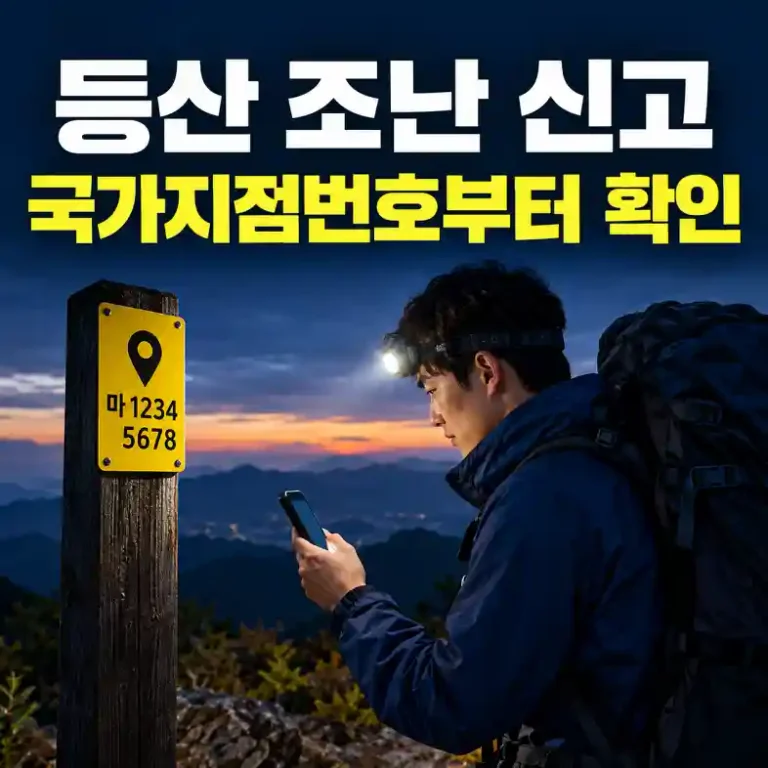 등산 조난 신고를 위해 등산로의 국가지점번호 표지판을 확인하며 119에 전화하는 등산객
