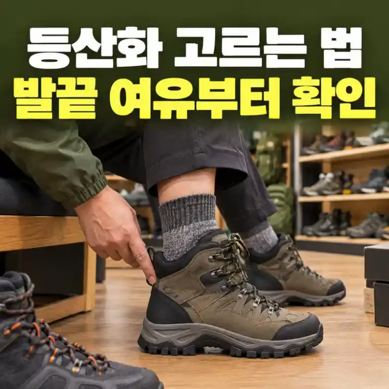 등산화 고르는 법에 따라 매장에서 등산 양말을 신고 발끝 여유를 확인하는 초보 등산객