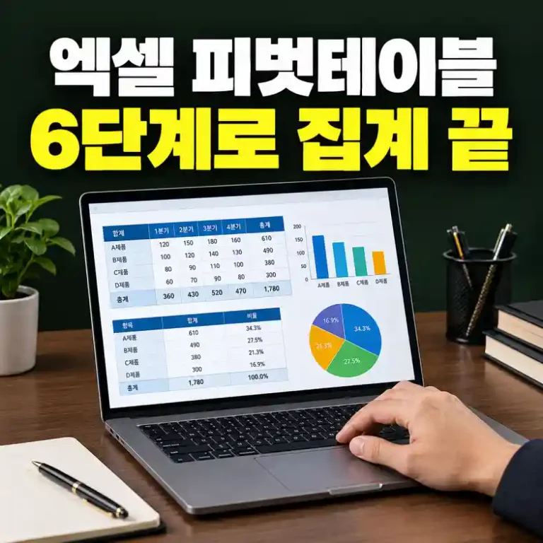 엑셀 피벗테이블로 월별 매출을 집계한 화면을 노트북에서 확인하는 직장인